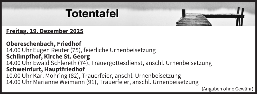  Traueranzeige für Totentafel vom 19.12.2025 vom 19.12.2025 aus MGO