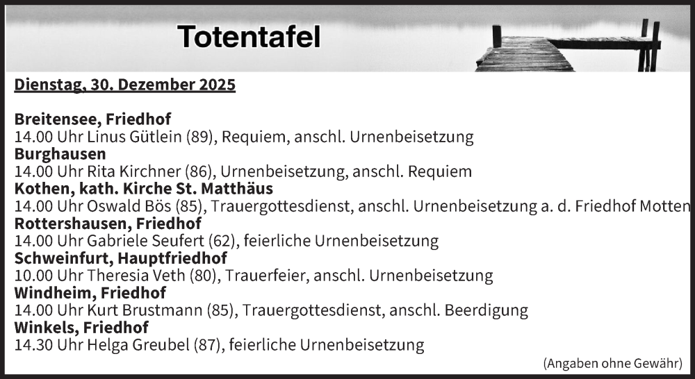  Traueranzeige für Totentafel vom 30.12.2025 vom 30.12.2025 aus MGO