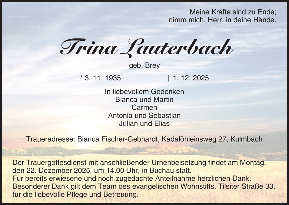  Traueranzeige für Trina Lauterbach vom 20.12.2025 aus MGO