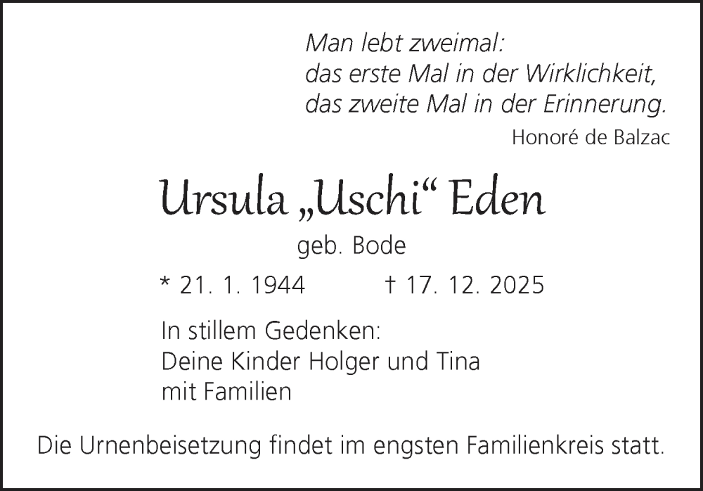  Traueranzeige für Ursula Eden vom 20.12.2025 aus MGO