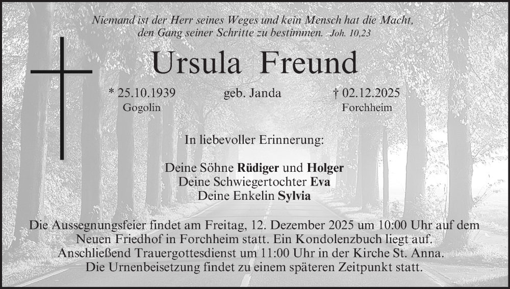  Traueranzeige für Ursula Freund vom 06.12.2025 aus MGO