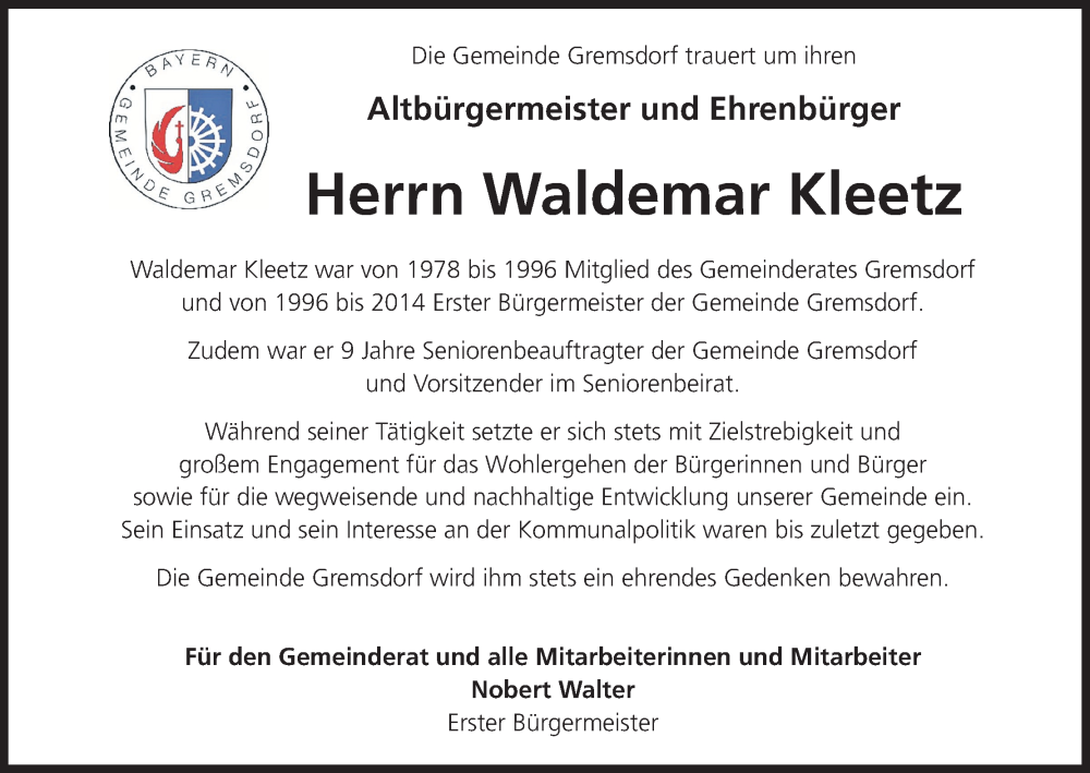  Traueranzeige für Waldemar Kleetz vom 06.12.2025 aus MGO