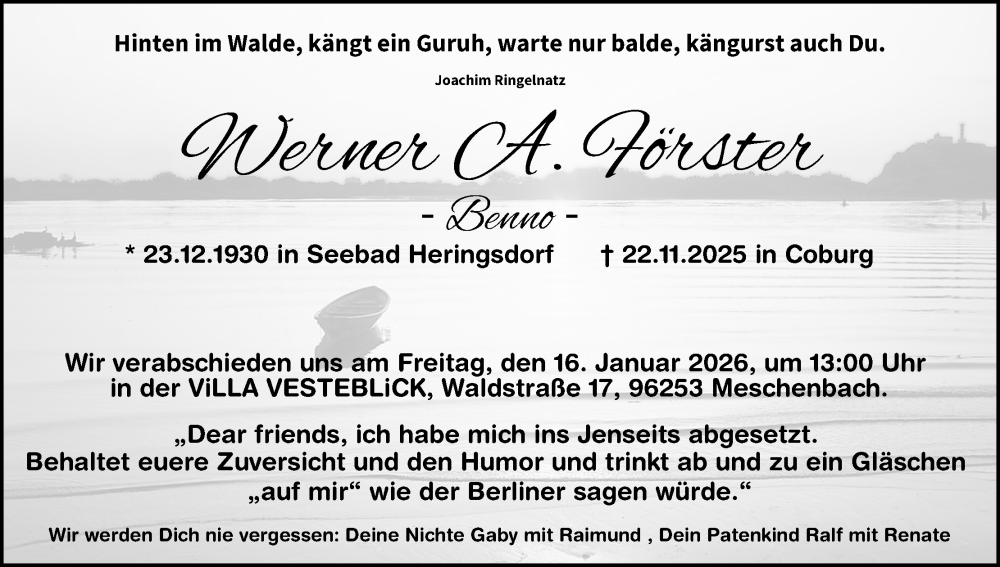  Traueranzeige für Werner A. Förster vom 06.12.2025 aus MGO