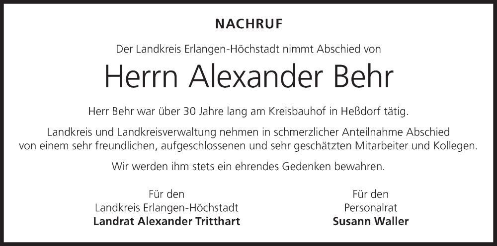  Traueranzeige für Alexander Behr vom 04.02.2025 aus MGO