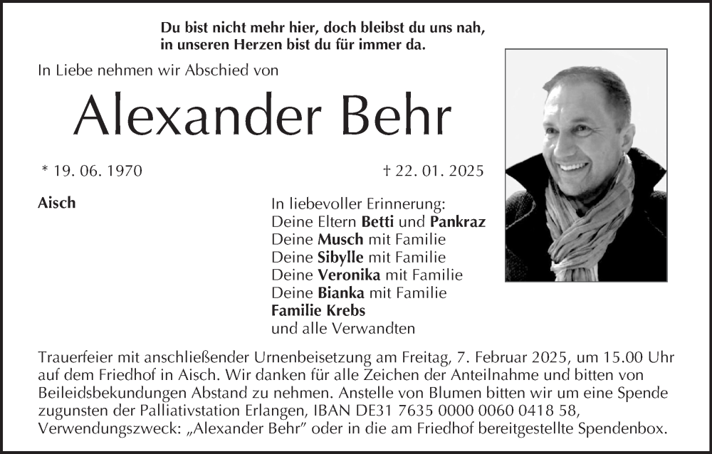  Traueranzeige für Alexander Behr vom 01.02.2025 aus MGO