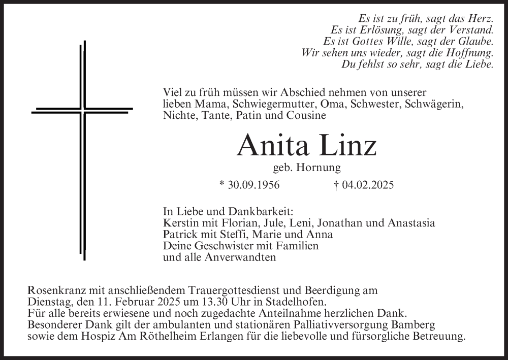  Traueranzeige für Anita Linz vom 08.02.2025 aus MGO