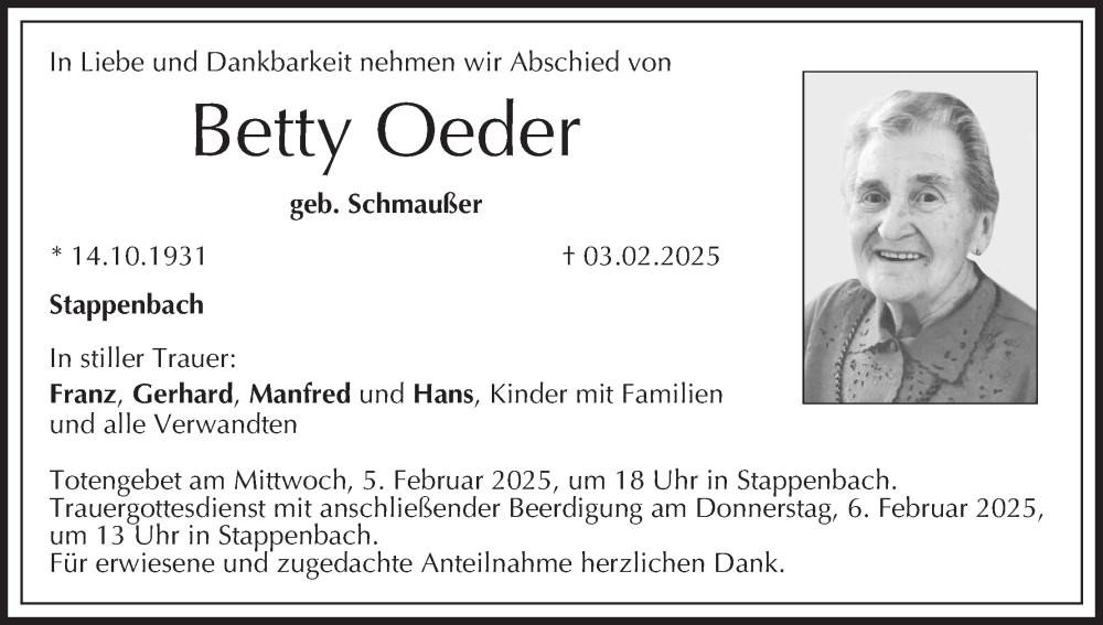  Traueranzeige für Betty Oeder vom 05.02.2025 aus MGO