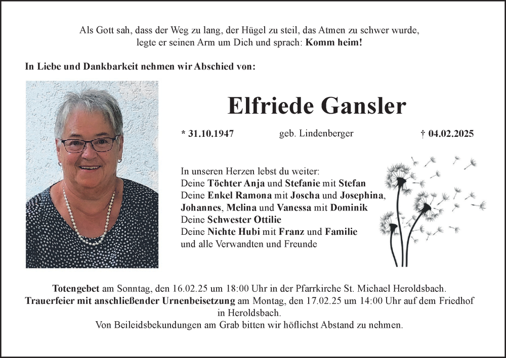  Traueranzeige für Elfriede Gansler vom 08.02.2025 aus MGO