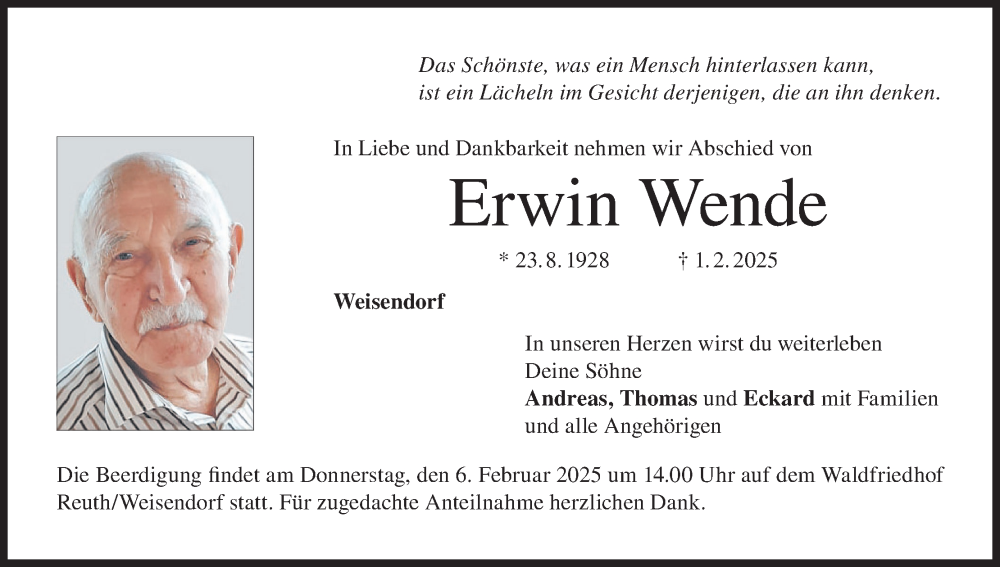  Traueranzeige für Erwin Wende vom 04.02.2025 aus MGO