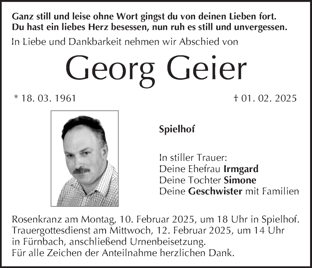  Traueranzeige für Georg Geier vom 08.02.2025 aus MGO