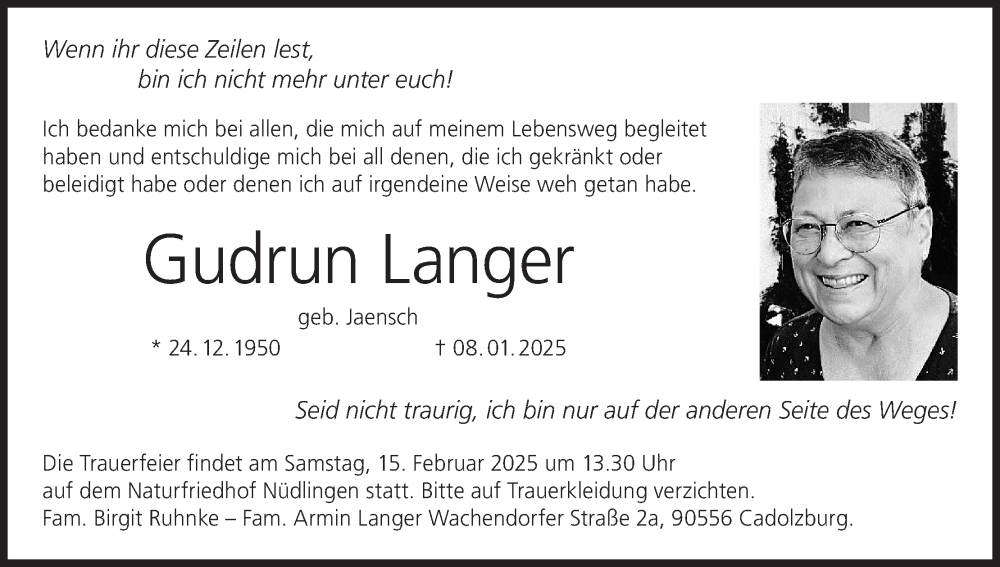  Traueranzeige für Gudrun Langer vom 08.02.2025 aus MGO