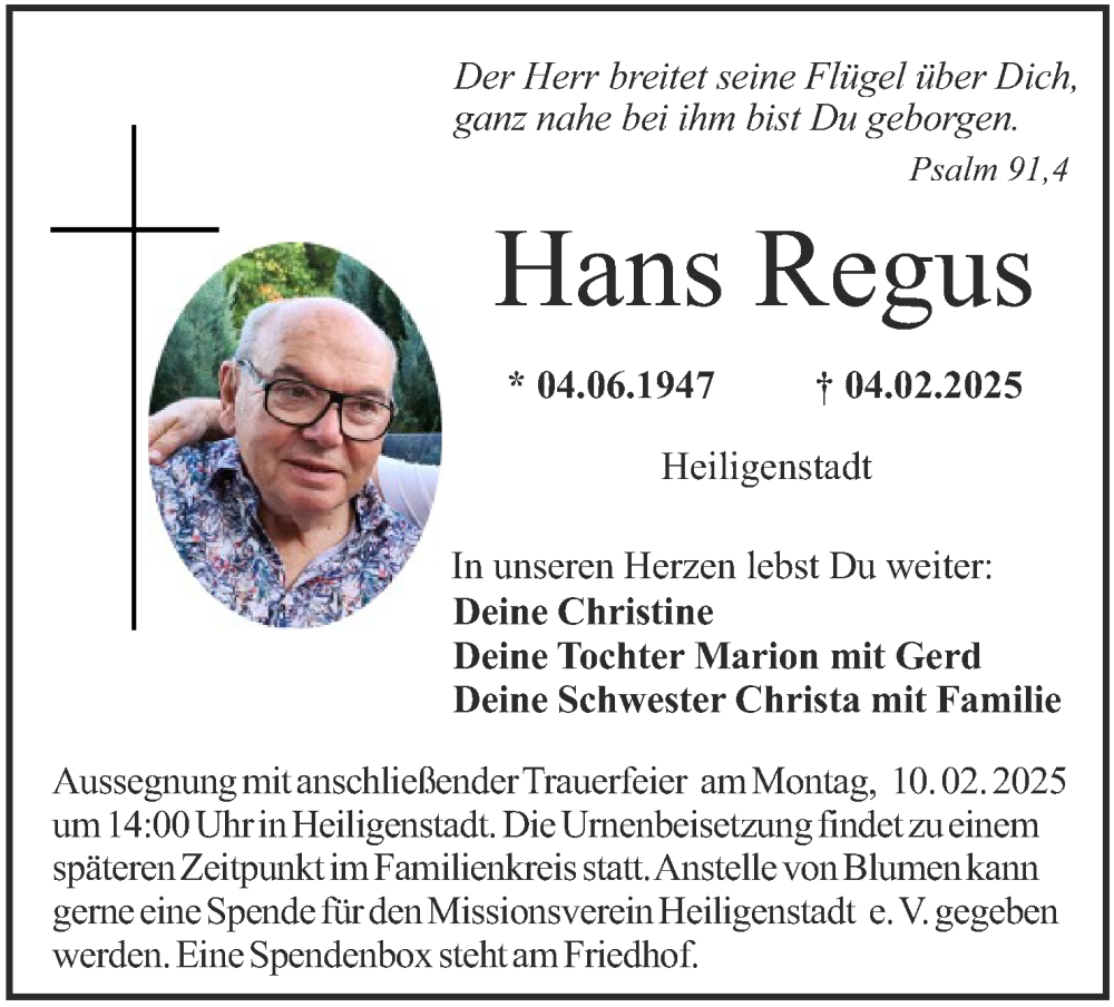  Traueranzeige für Hans Regus vom 08.02.2025 aus MGO