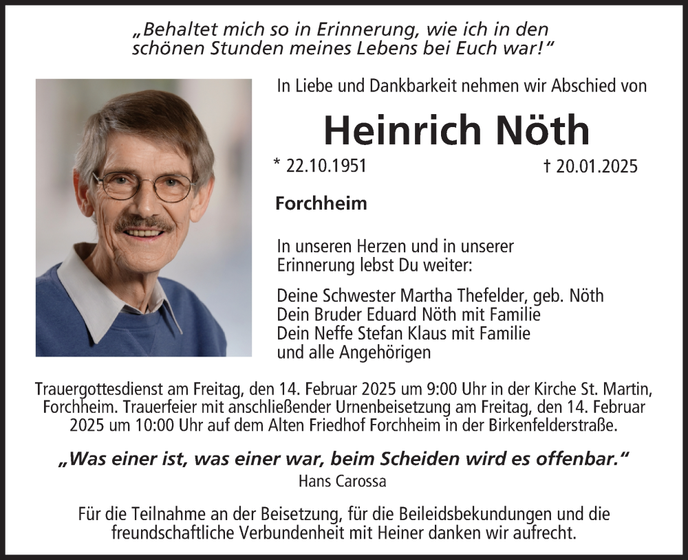  Traueranzeige für Heinrich Nöth vom 08.02.2025 aus MGO