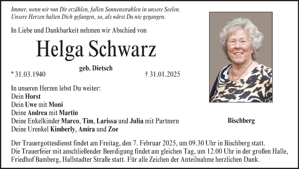  Traueranzeige für Helga Schwarz vom 04.02.2025 aus MGO