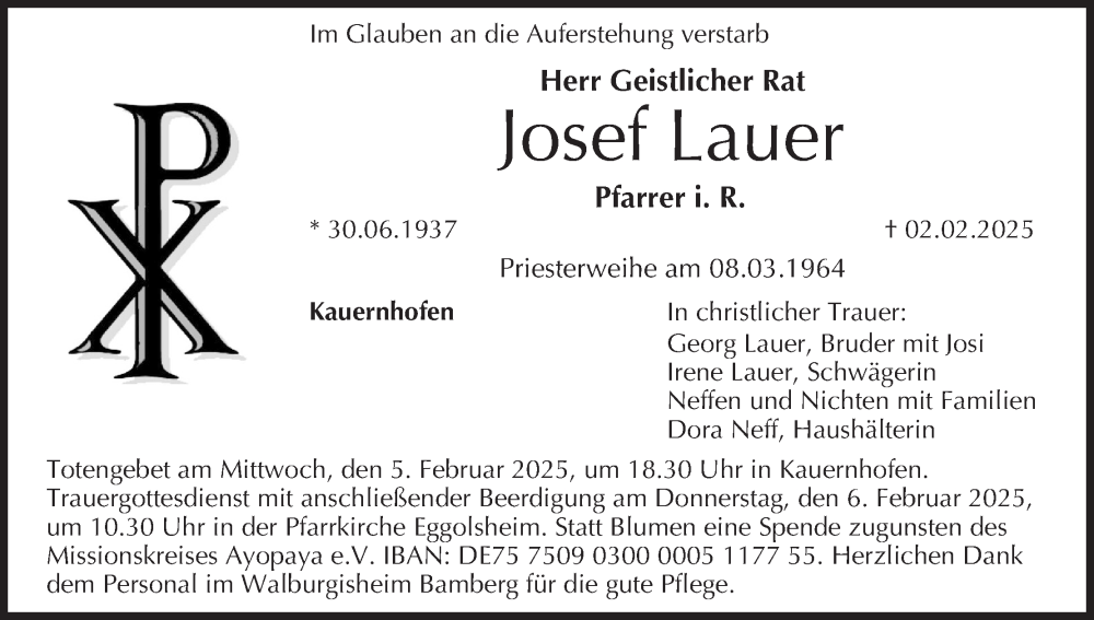  Traueranzeige für Josef Lauer vom 04.02.2025 aus MGO