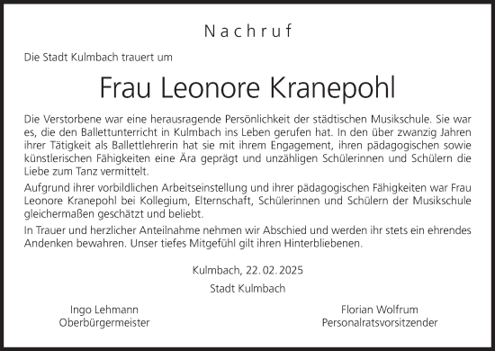 Anzeige von Leonore Kranepohl von MGO