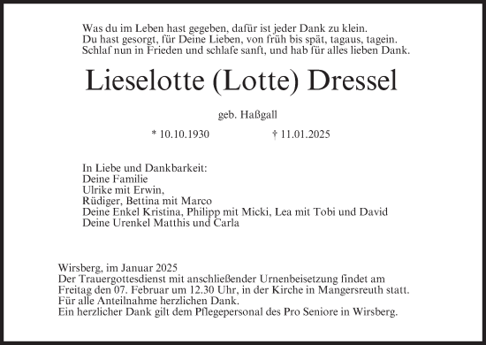 Anzeige von Lieselotte Dressel von MGO