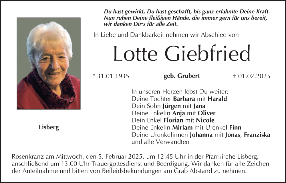  Traueranzeige für Lotte Giebfried vom 04.02.2025 aus MGO