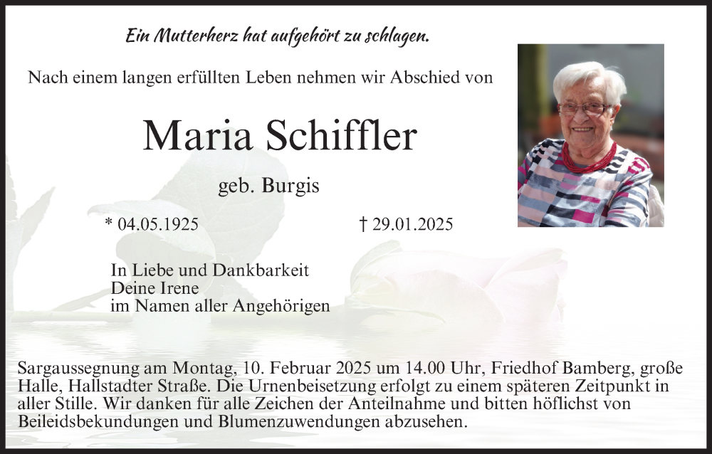  Traueranzeige für Maria Schiffler vom 01.02.2025 aus MGO