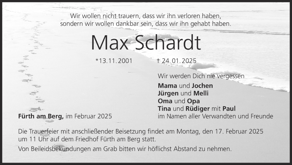  Traueranzeige für Max Schardt vom 08.02.2025 aus MGO