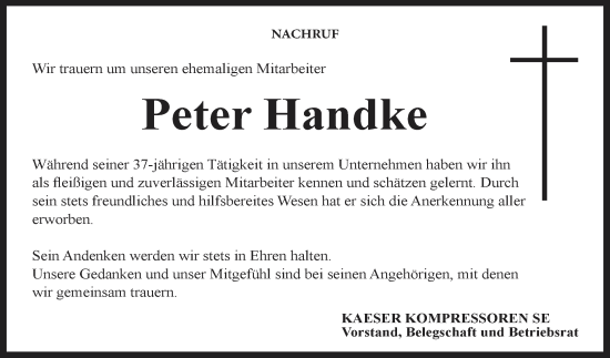 Anzeige von Peter Handke von MGO