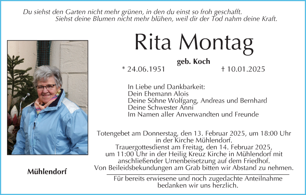  Traueranzeige für Rita Montag vom 08.02.2025 aus MGO