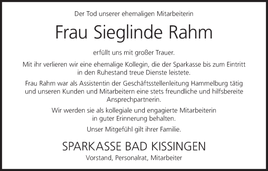 Anzeige von Sieglinde Rahm von MGO