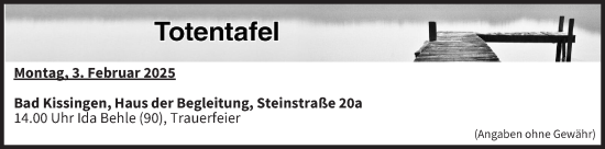 Anzeige von Totentafel vom 03.02.2025 von MGO