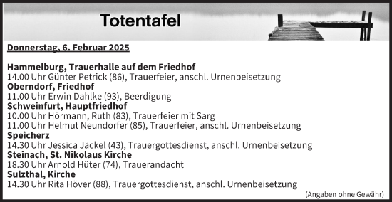 Anzeige von Totentafel vom 06.02.2025 von MGO