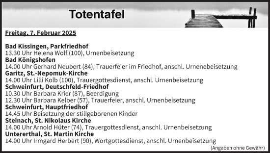 Anzeige von Totentafel vom 07.02.2025 von MGO