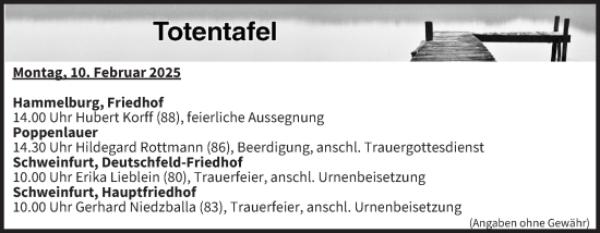 Anzeige von Totentafel vom 10.02.2025 von MGO