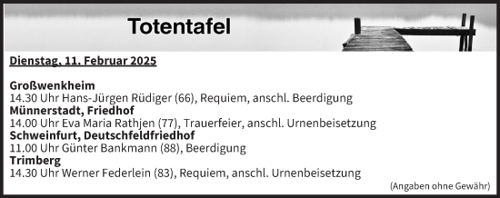 Anzeige von Totentafel vom 11.02.2025 von MGO