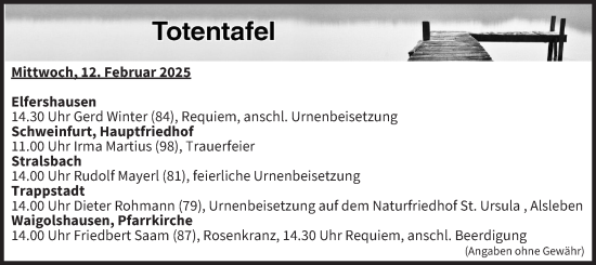 Anzeige von Totentafel vom 12.02.2025 von MGO