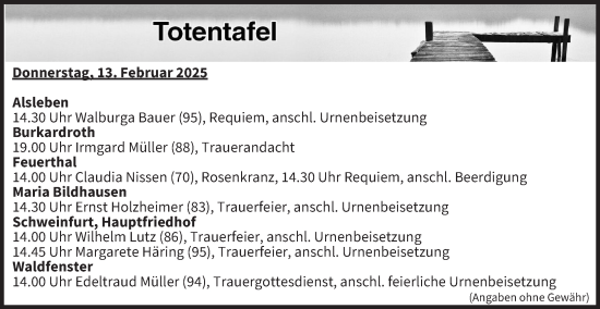 Anzeige von Totentafel vom 13.02.2025 von MGO