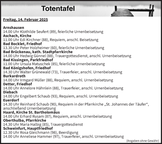 Anzeige von Totentafel vom 14.02.2025 von MGO