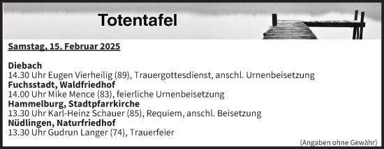 Anzeige von Totentafel vom 15.02.2025 von MGO