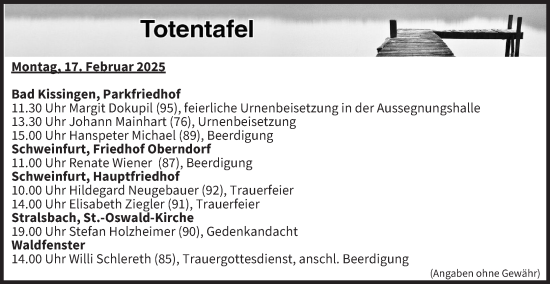 Anzeige von Totentafel vom 17.02.2025 von MGO