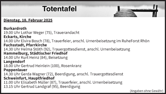 Anzeige von Totentafel vom 18.02.2025 von MGO