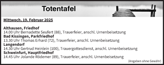 Anzeige von Totentafel vom 19.02.2025 von MGO