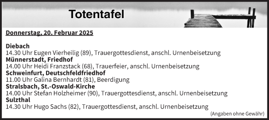 Anzeige von Totentafel vom 20.02.2025 von MGO