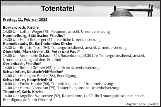 Anzeige von Totentafel vom 21.02.2025 von MGO