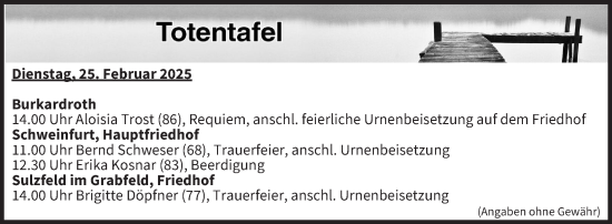 Anzeige von Totentafel vom 25.02.2025 von MGO