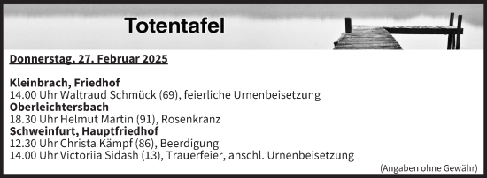 Anzeige von Totentafel vom 27.02.2025 von MGO
