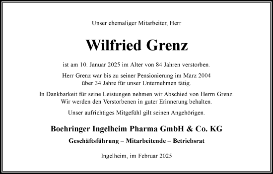 Anzeige von Wilfried Grenz von MGO