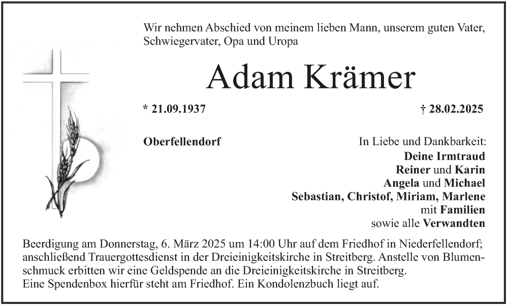  Traueranzeige für Adam Krämer vom 05.03.2025 aus MGO