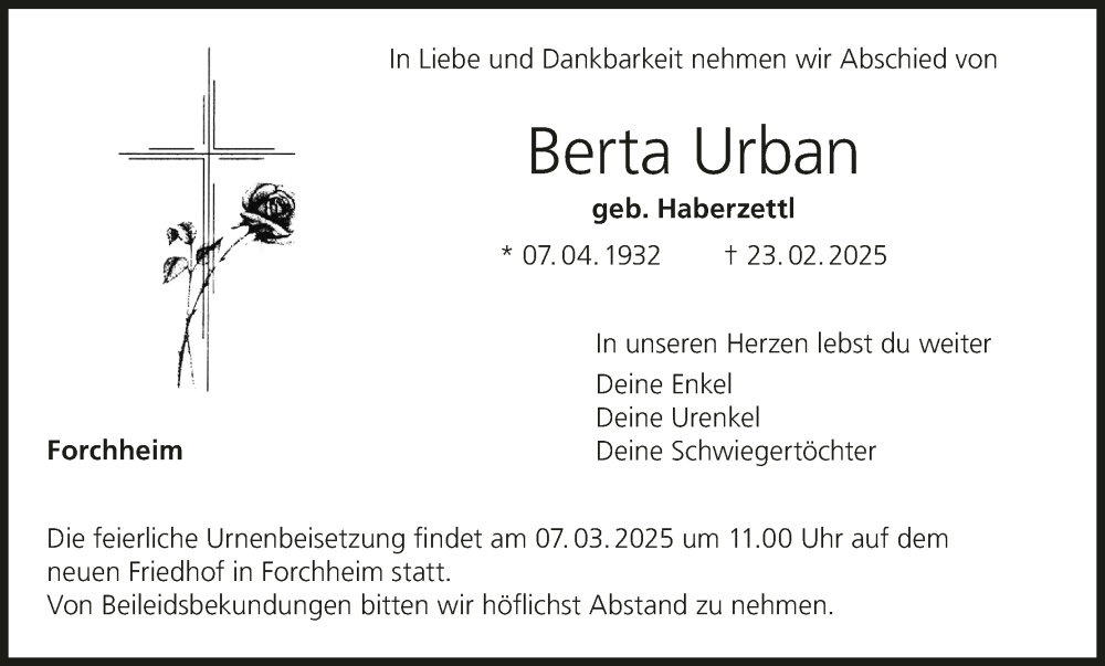  Traueranzeige für Berta Urban vom 01.03.2025 aus MGO