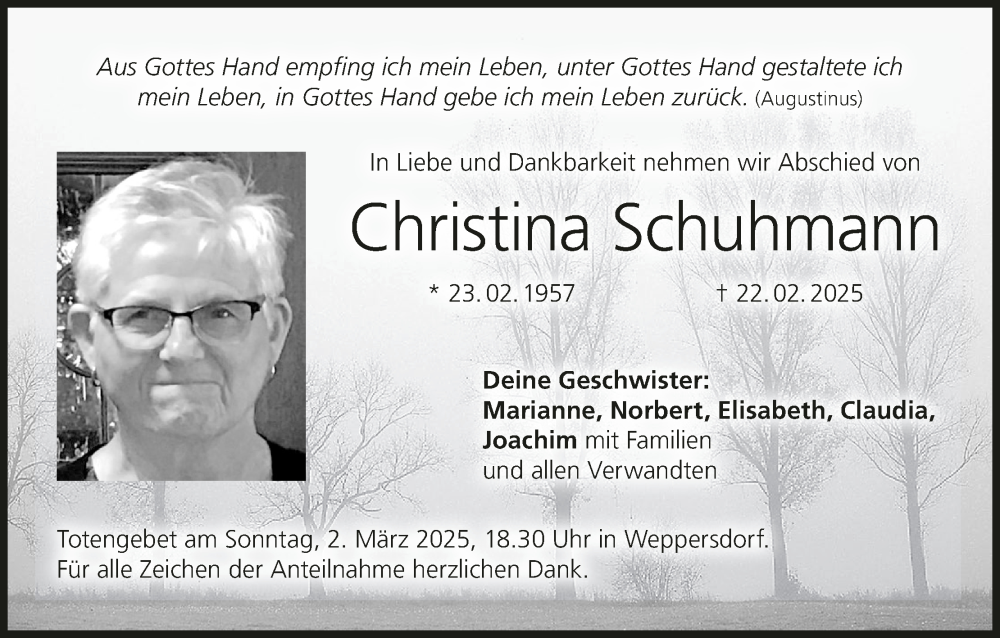  Traueranzeige für Christina Schuhmann vom 01.03.2025 aus MGO