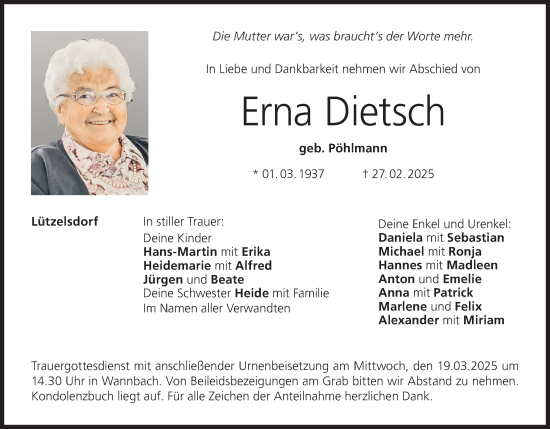 Anzeige von Erna Dietsch von MGO