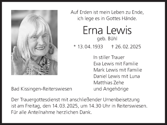 Anzeige von Erna Lewis von MGO