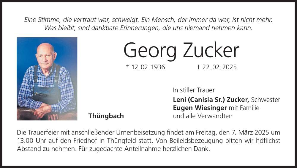  Traueranzeige für Georg Zucker vom 05.03.2025 aus MGO